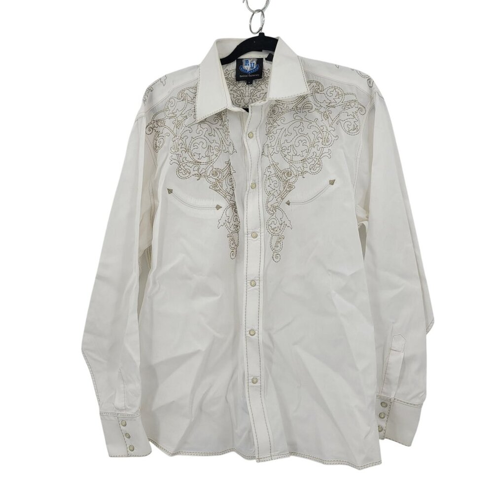 Resistol University Fit White Western Embroidered Pearl Snap Shirt Sz‎ L Rodeo